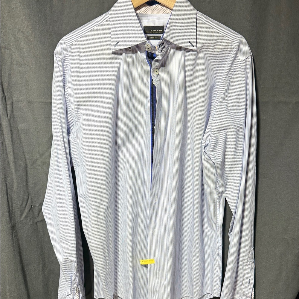 Zara Men's Pinstripe Dress Shirt - Light Blue and White